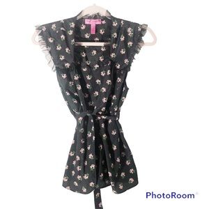 Betsey Johnson black floral silky open tie top